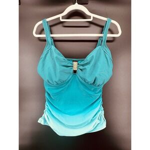 Aerin Rose Sunsets Teal Ombre Underwire Tankini Swim Top 34F Ruched Swimwear